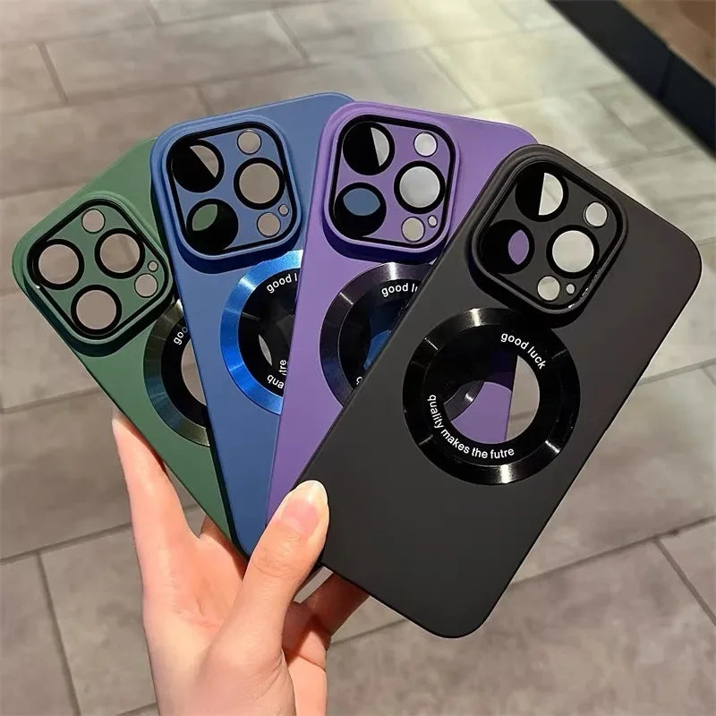 Logo Hole Magsafe Magnetic Case For iPhone 16 15 14 13 12 11 Pro Max Solid Color Cover For iPhone 15 Pro Case With Camera Film