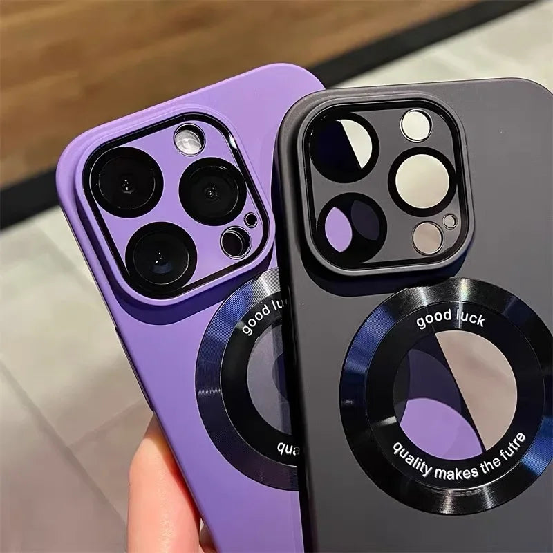Logo Hole Magsafe Magnetic Case For iPhone 16 15 14 13 12 11 Pro Max Solid Color Cover For iPhone 15 Pro Case With Camera Film